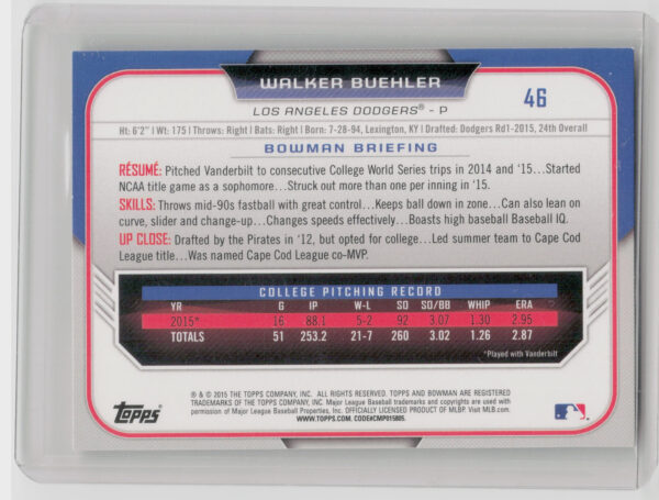 2015 Bowman Draft Walker Buehler #46 Dodgers - Image 3