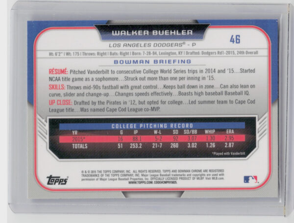 2015 Bowman Draft Walker Buehler #46 Dodgers - Image 3