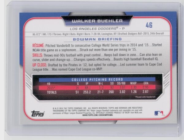 2015 Bowman Draft Walker Buehler #46 Dodgers - Image 3
