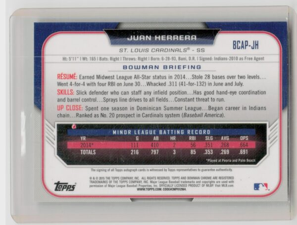 2015 Bowman Juan Herrera Auto #BCAP-JH Cardinals Chrome Prospect Autographs - Image 3