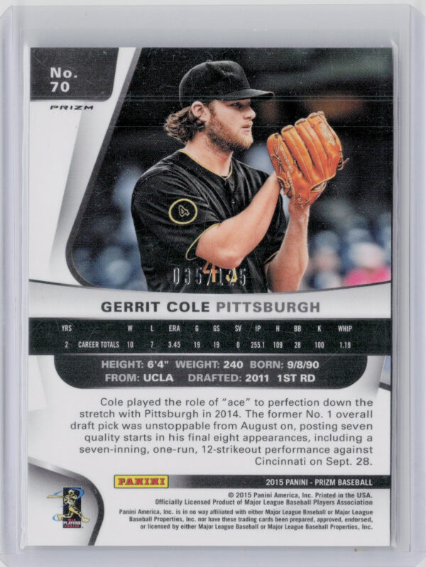 2015 Panini Prizm Gerrit Cole Red Power Prizms SN125 #70 Pirates - Image 3
