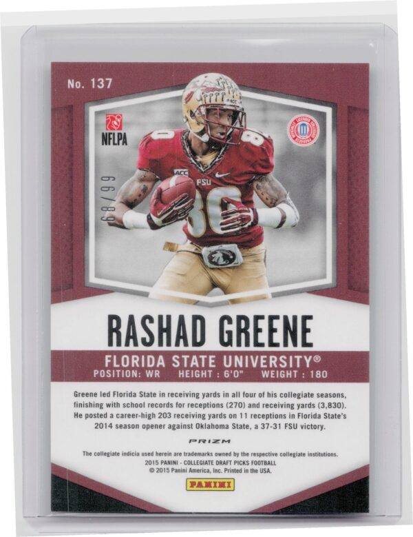 2015 Prizm Collegiate Draft Picks Rashad Greene Prizms Purple /99 #137 Seminole - Image 3