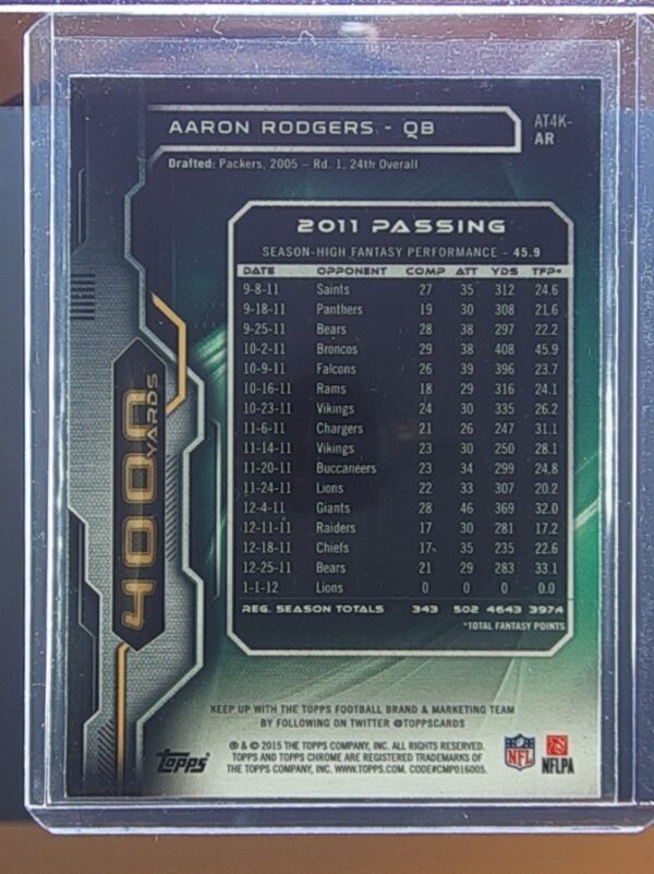 2015 Topps Chrome Aaron Rodgers #AT4K-AR Packers All Time 4000 Yard Club - Image 3