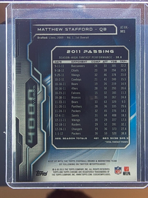 2015 Topps Chrome Matthew Stafford #AT4K-MS Lions All Time 4000 Yard Club - Image 3