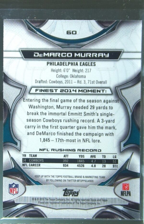 2015 Topps Finest DeMarco Murray Black Refractor #60 Eagles - Image 3