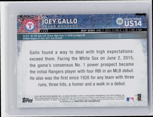 2015 Topps Update Joey Gallo #US14 Rangers - Image 3