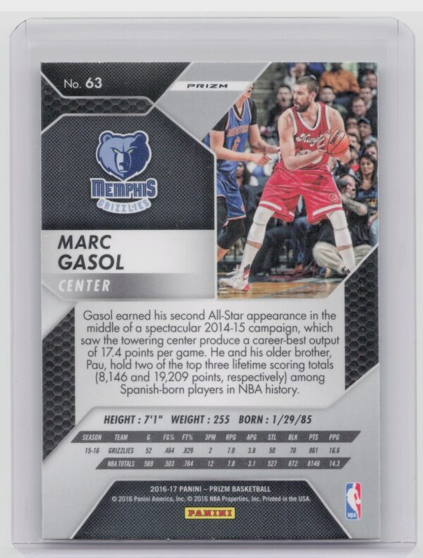 2016-17 Panini Prizm Marc Gasol Starburst Prizms #63 Grizzlies - Image 3