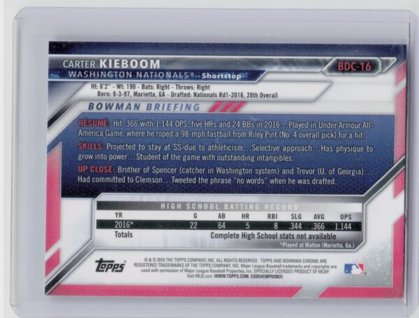 2016 Bowman Draft Carter Kieboom Chrome #BDC-16 Nationals - Image 3