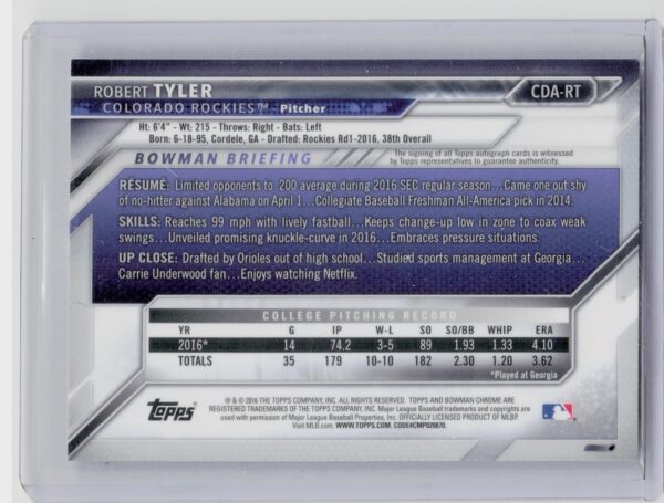 2016 Bowman Draft Robert Tyler AU #CDA-RT Rockies Chrome Draft Pick Autographs - Image 3
