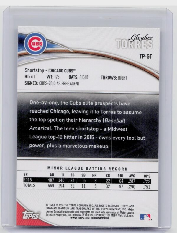 2016 Bowman Platinum Gleyber Torres #TP-GT Cubs Top Prospects - Image 3