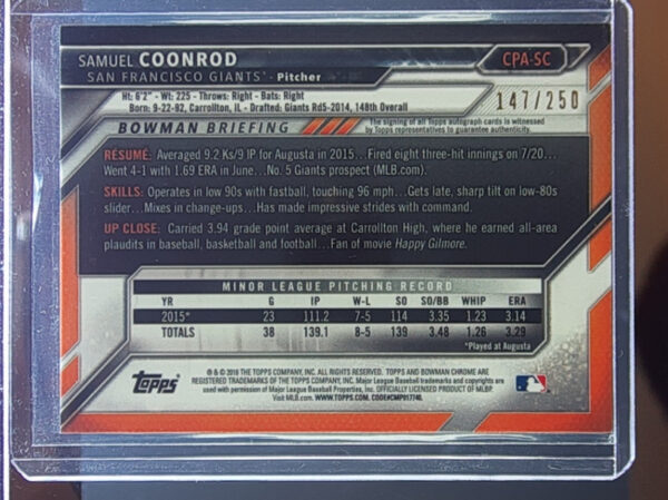 2016 Bowman Samuel Coonrod AU SN250 #CPA-SC Giants Chrome Prospect Autographs Pu - Image 3
