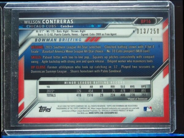 2016 Bowman Willson Contreras SN250 #BP16 Cubs Prospects Purple - Image 3