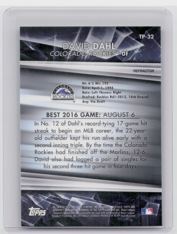 2016 Bowman's Best David Dahl #TP-32 Rockies Top Prospects Refractor - Image 3