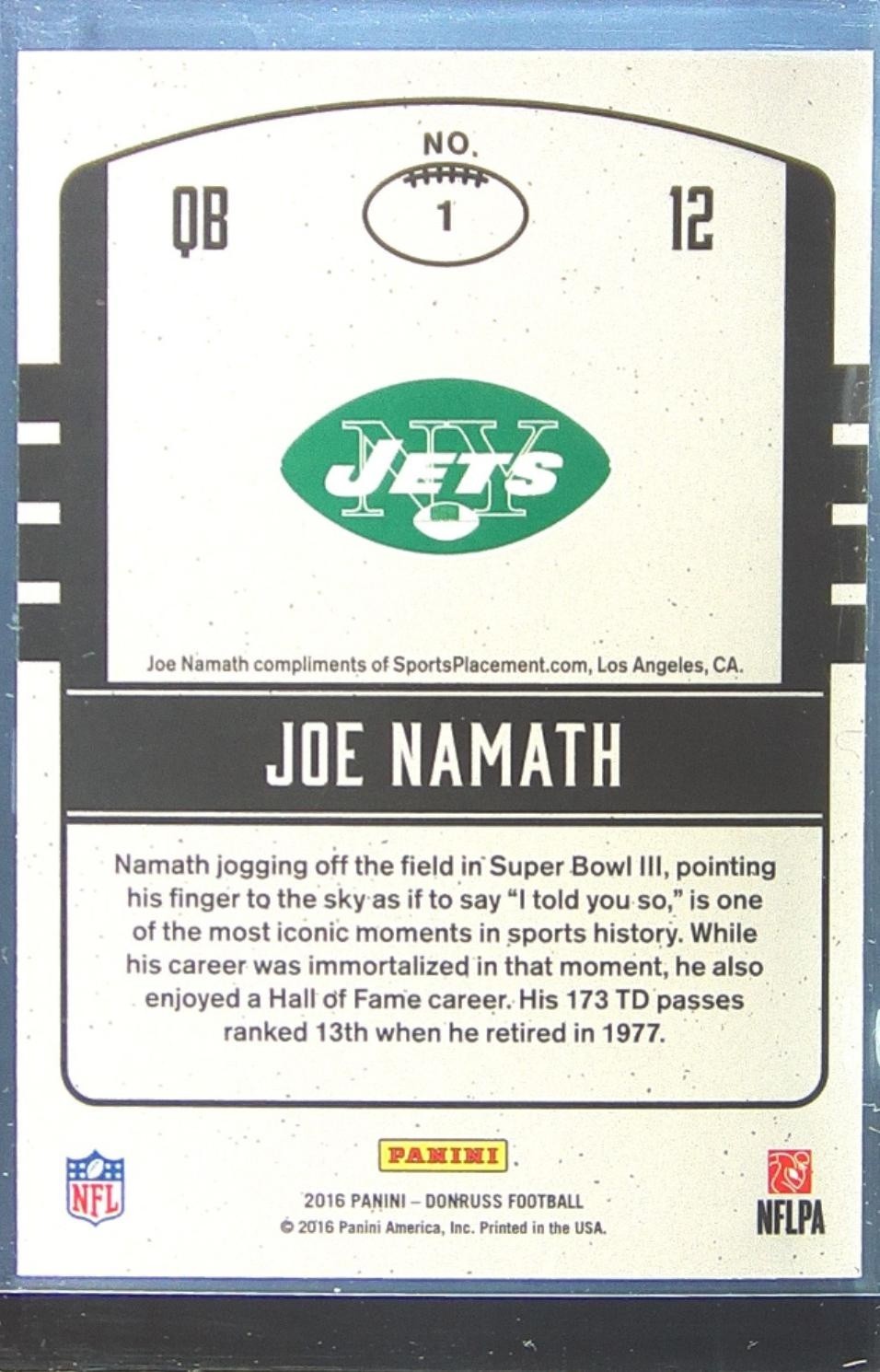 2016 Donruss Joe Namath #1 Jets Legends of the Fall - Image 3