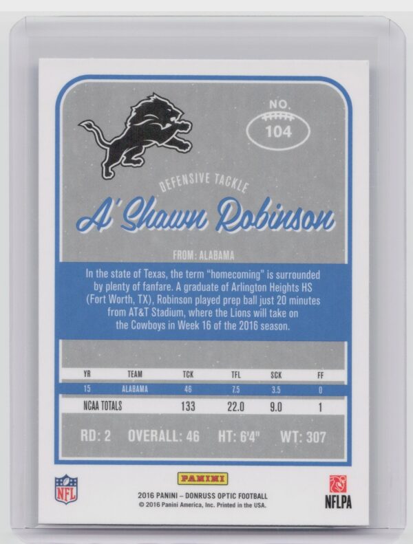 2016 Donruss Optic A'Shawn Robinson Holo #104 Lions - Image 3