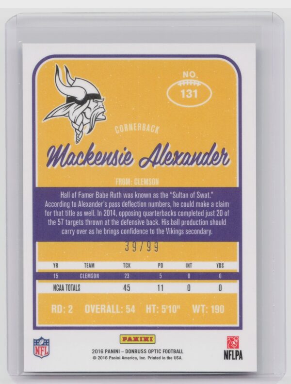 2016 Donruss Optic Mackensie Alexander Red SN99 #131 Vikings - Image 3