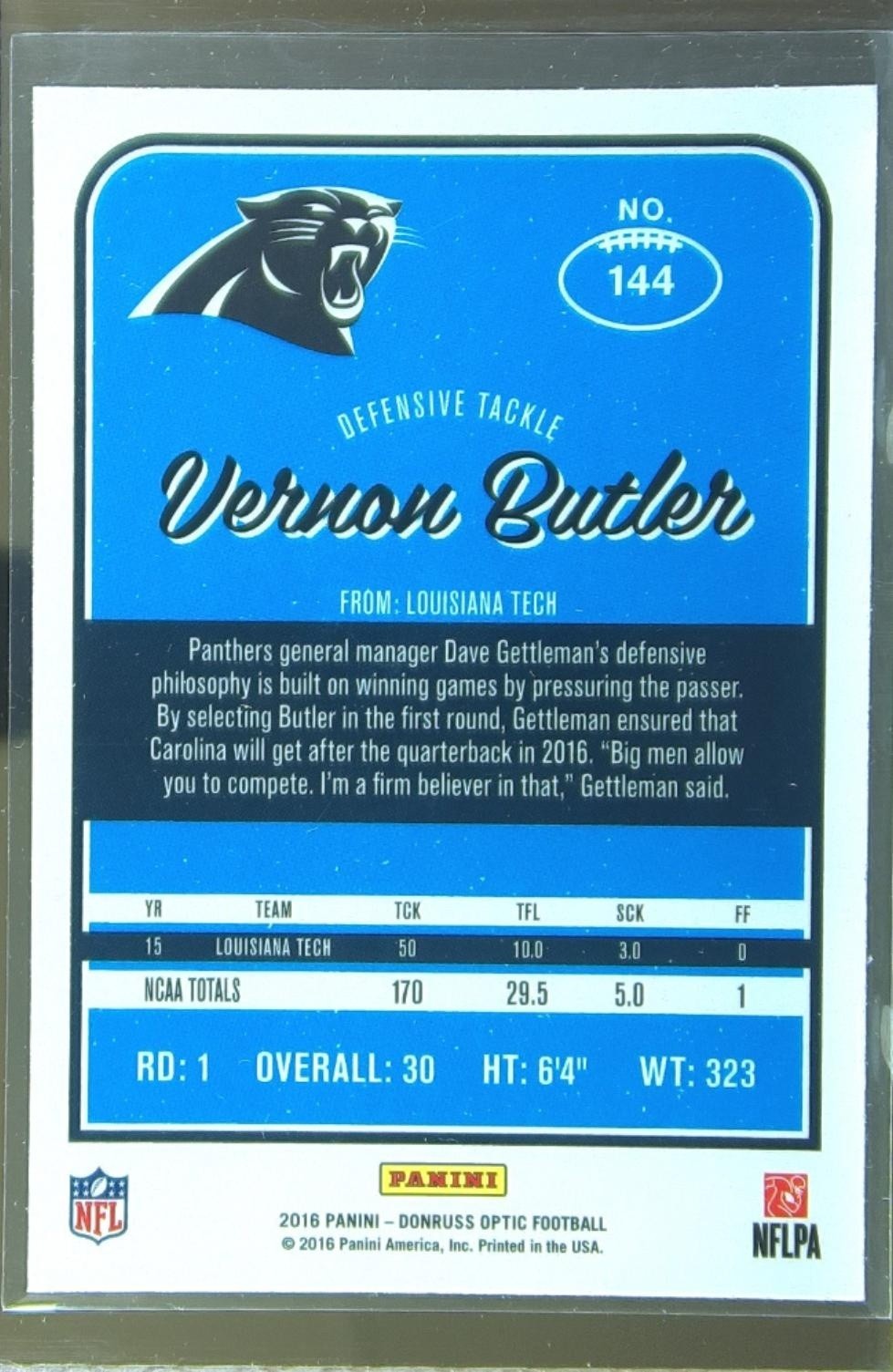 2016 Donruss Optic Vernon Butler Red and Yellow RC #144 Panthers - Image 3