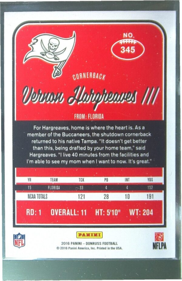 2016 Donruss Vernon Hargreaves III RC #345 Buccaneers - Image 3
