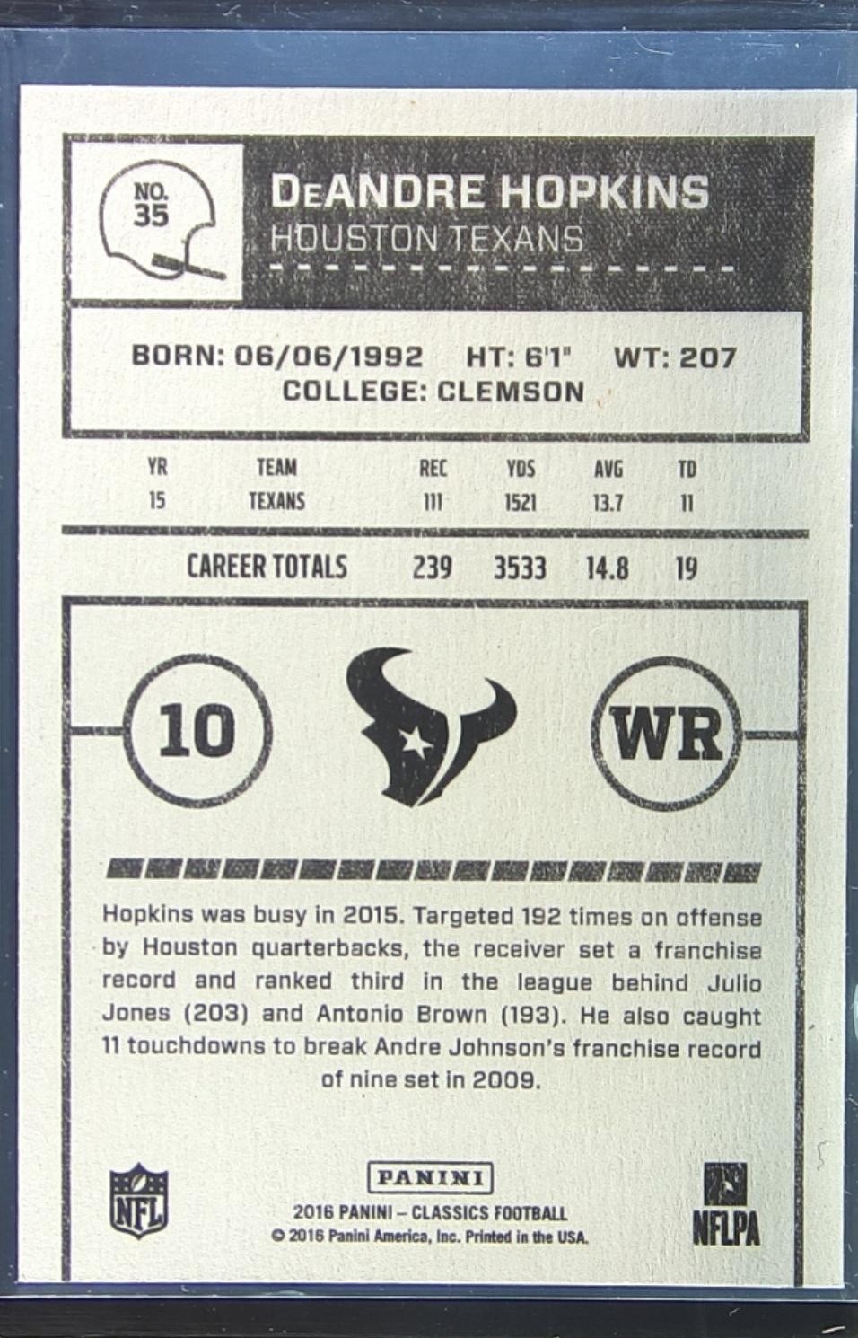 2016 Panini Classics DeAndre Hopkins Glossy #35 Texans - Image 3