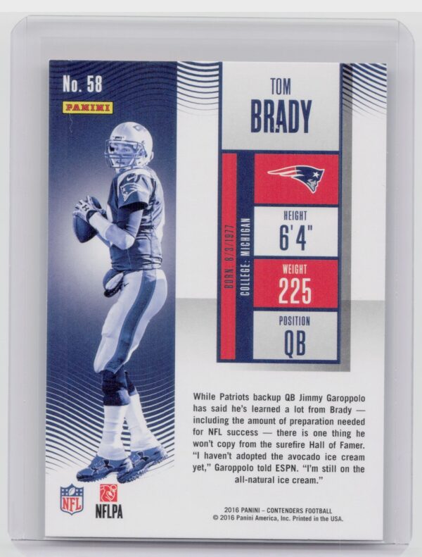 2016 Panini Contenders Tom Brady #58 Patriots - Image 3