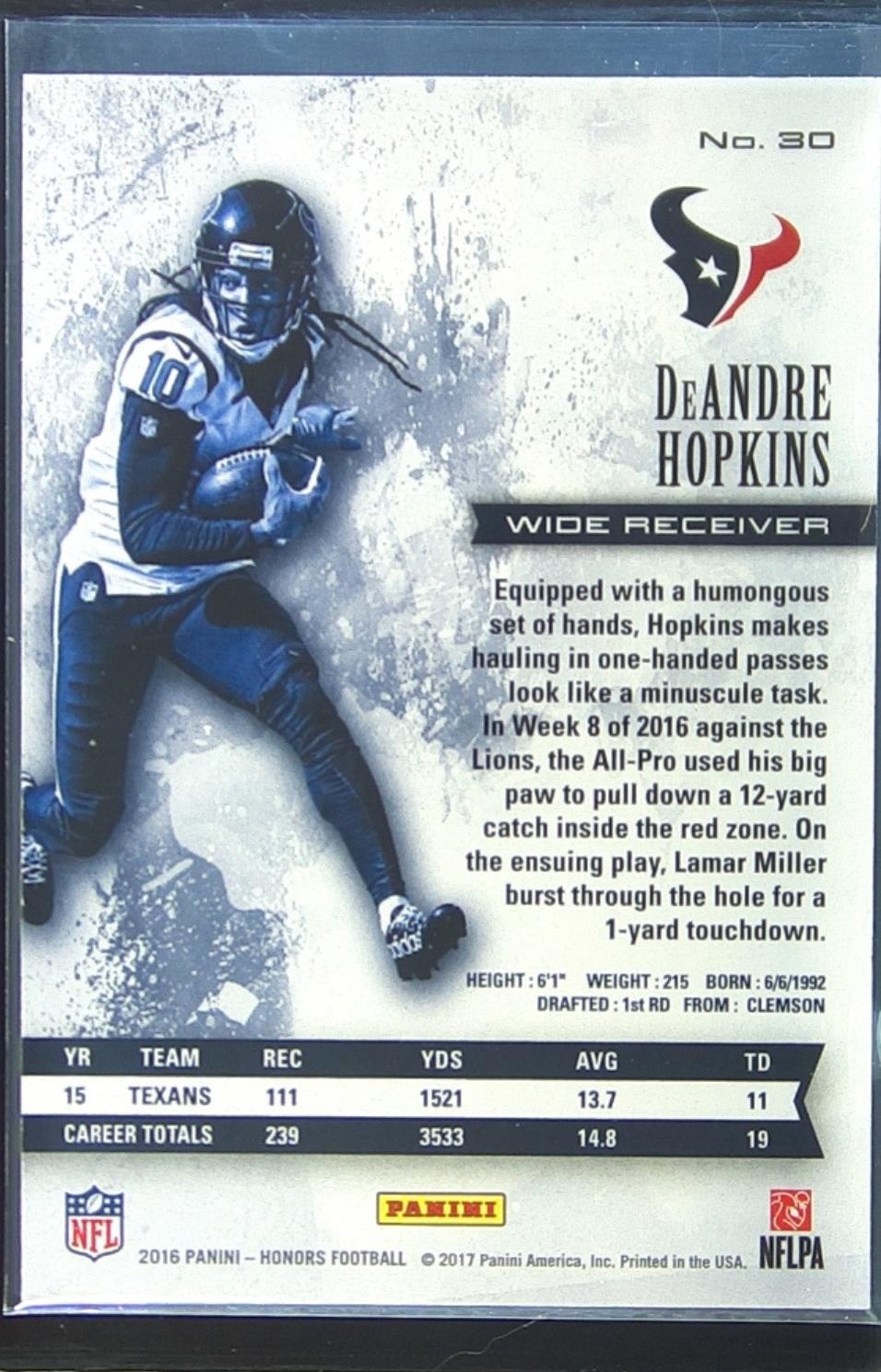 2016 Panini Honors DeAndre Hopkins Gold /15 #30 Texans - Image 3