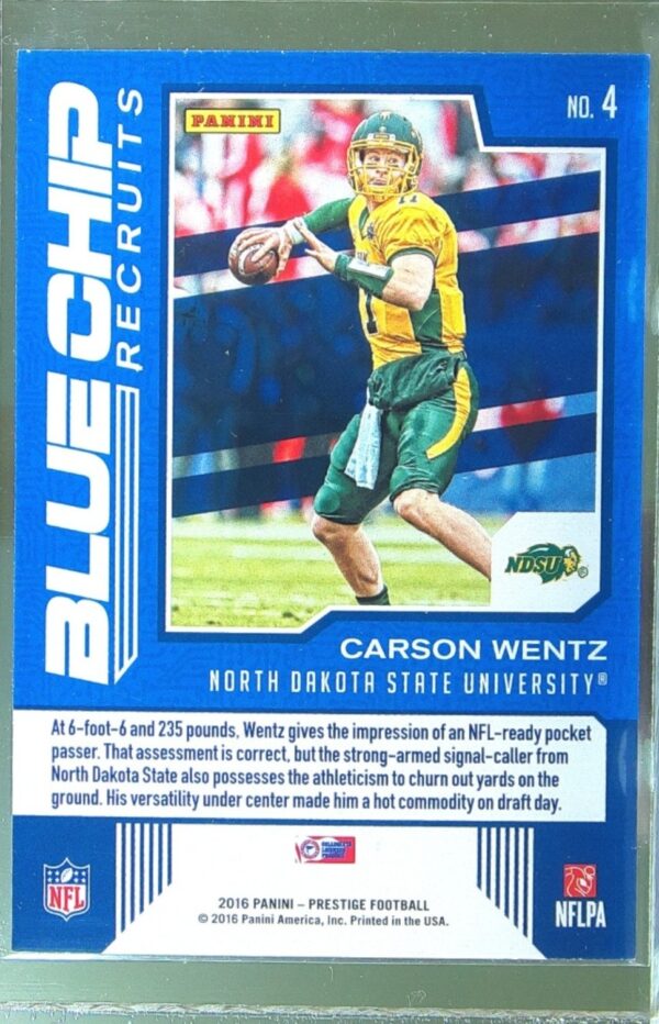 2016 Panini Prestige Carson Wentz RC #4 Bison Blue Chip Recruits - Image 3