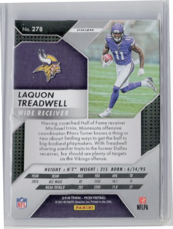 2016 Panini Prizm Laquon Treadwell Prizm #278 Vikings - Image 3