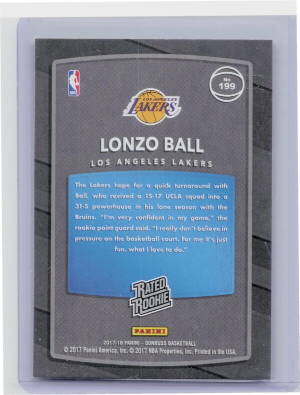2017-18 Donruss Lonzo Ball RC #199 Lakers - Image 3