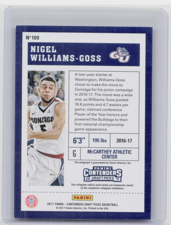 2017-18 Panini Contenders Draft Picks Nigel Williams-Goss AU #109 Bulldogs Colle - Image 3