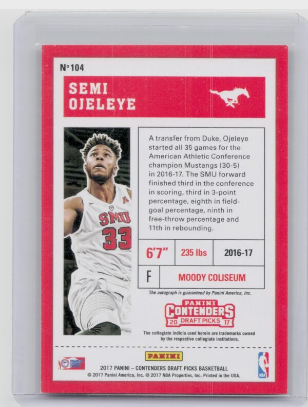 2017-18 Panini Contenders Draft Picks Semi Ojeleye AU #104 Mustangs College Tick - Image 3
