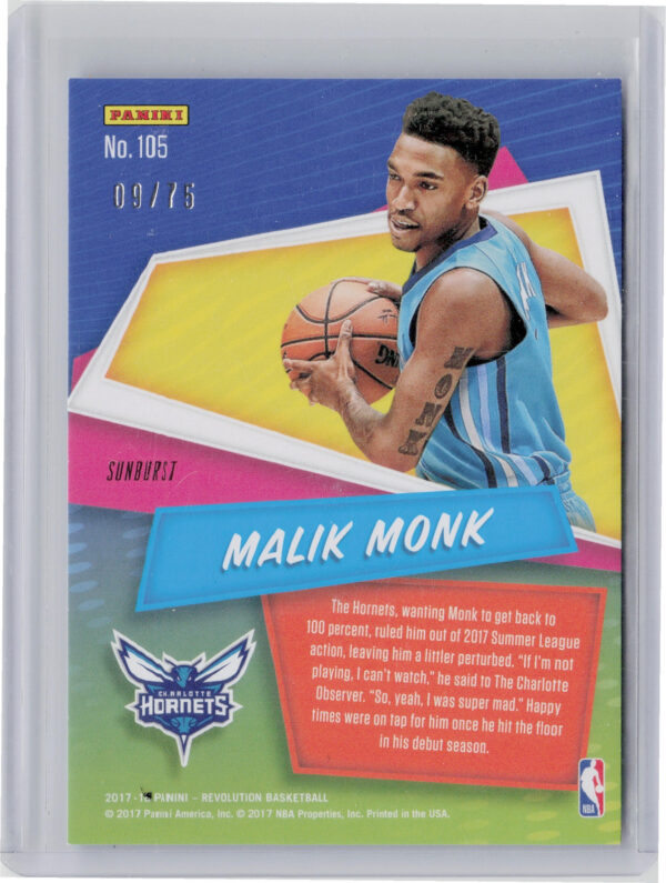 2017-18 Panini Revolution Malik Monk Sunburst SN75 #105 Hornets - Image 3