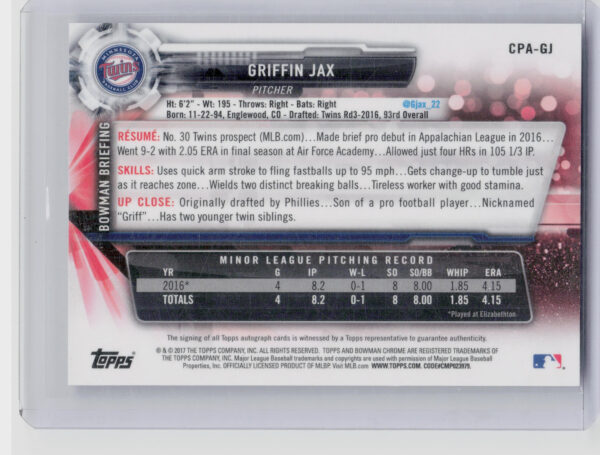 2017 Bowman Chrome Griffin Jax AU #CPA-GJ Twins Prospect Autographs - Image 3