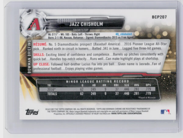 2017 Bowman Chrome Jazz Chisholm #BCP207 Diamondbacks Prospects - Image 3