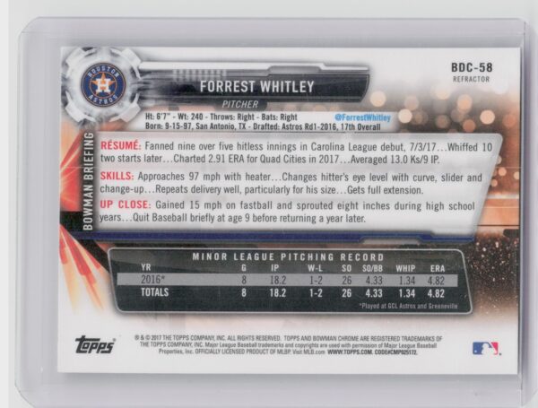 2017 Bowman Draft Forrest Whitley Chrome Refractor #BDC-58 Astros - Image 3