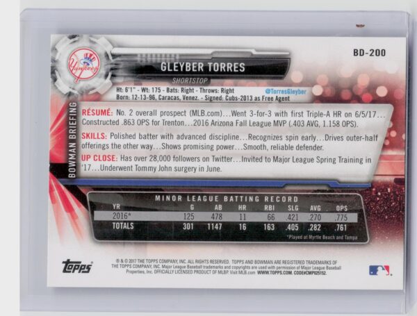 2017 Bowman Draft Gleyber Torres #BD-200 Yankees - Image 3