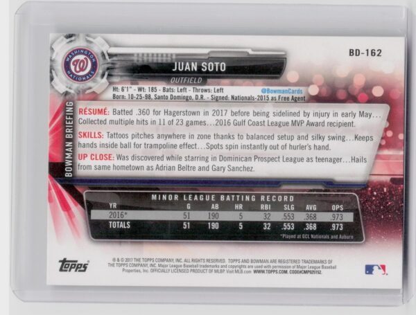 2017 Bowman Draft Juan Soto #BD-162 Nationals - Image 3