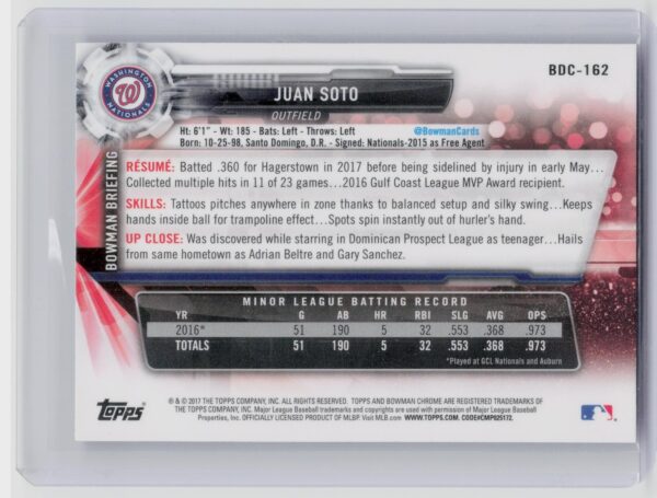 2017 Bowman Draft Juan Soto Chrome #BDC-162 Nationals - Image 3