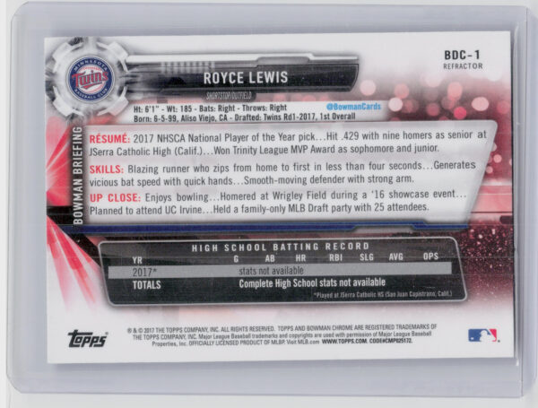 2017 Bowman Draft Royce Lewis Chrome Refractor #BDC-1 Twins - Image 3