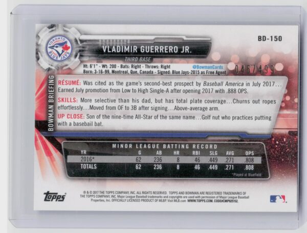 2017 Bowman Draft Vladimir Guerrero Jr. #BD-150 Jays - Image 3