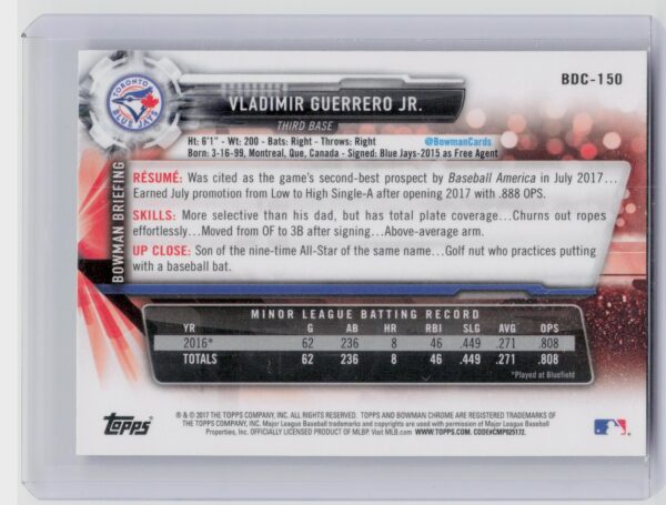 2017 Bowman Draft Vladimir Guerrero Jr. #BDC-150 Jays - Image 3
