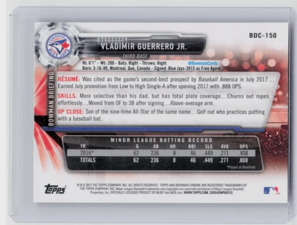 2017 Bowman Draft Vladimir Guerrero Jr. Chrome #BDC-150 Jays - Image 3