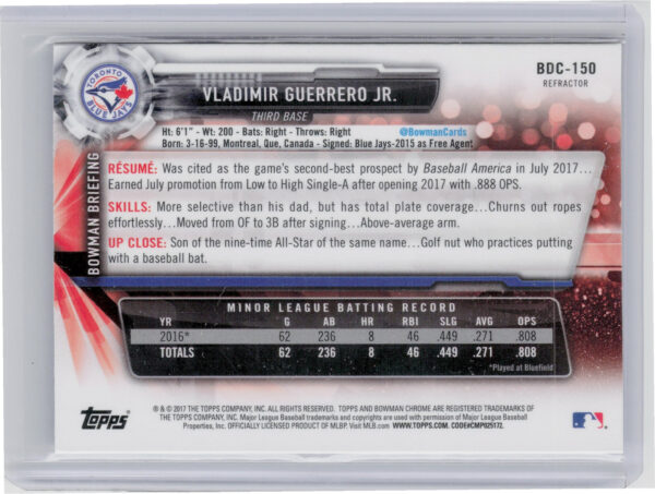2017 Bowman Draft Vladimir Guerrero Jr. Chrome Refractor #BDC-150 Jays - Image 3