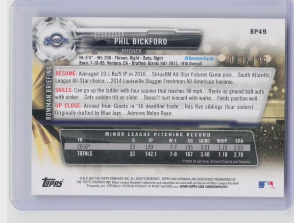 2017 Bowman Phil Bickford /499 #BP49 Brewers Prospects Silver - Image 3