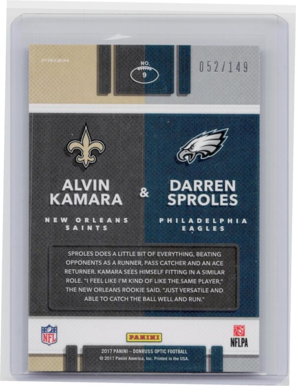 2017 Donruss Optic Alvin Kamara / Darren Sproles /149 #9 Eagles Illusions Blue - Image 3