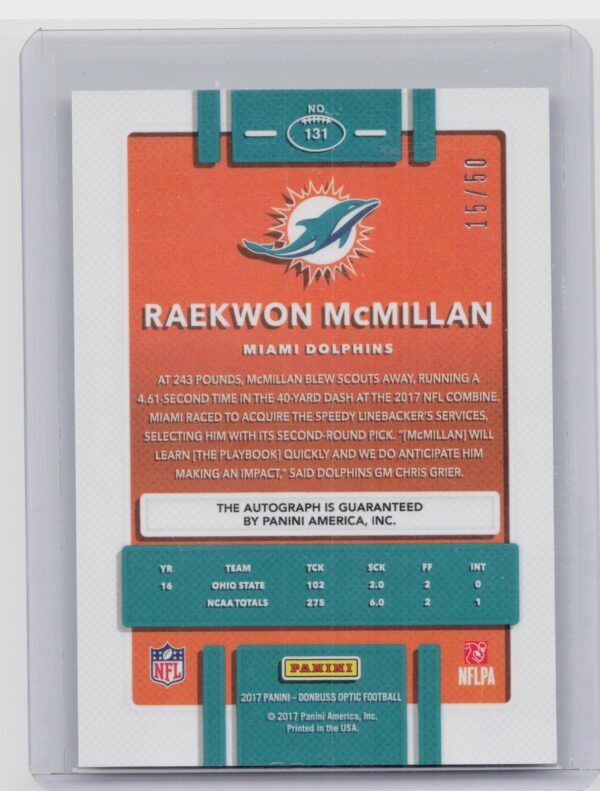 2017 Donruss Optic Raekwon McMillan AU SN50 #131 Dolphins Rookies Autographs Red - Image 3