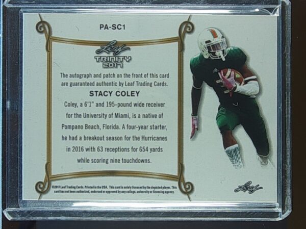 2017 Leaf Trinity Stacy Coley AUTO JSY #PA-SC1 Hurricanes Patch Bronze - Image 3