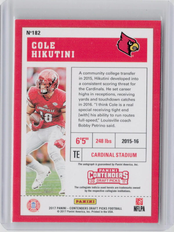 2017 Panini Contenders Draft Picks Cole Hikutini AU #182 Cardinals - Image 3