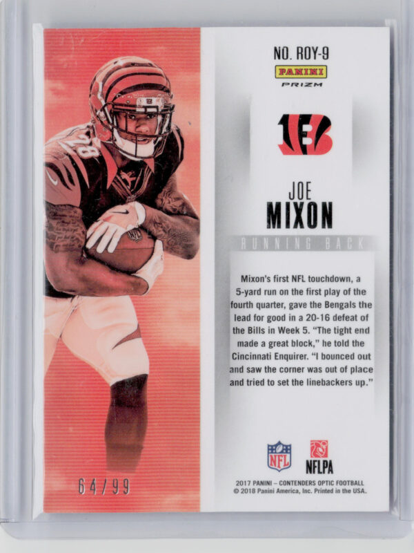 2017 Panini Contenders Optic Joe Mixon SN99 #ROY-9 Bengals Rookie of the Year Co - Image 3