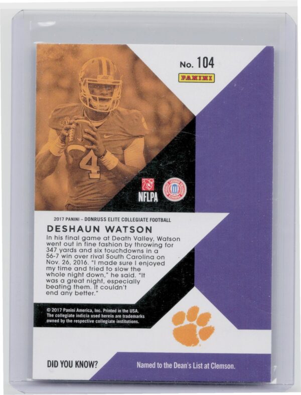 2017 Panini Elite Draft Picks Deshaun Watson #104 Tigers - Image 3