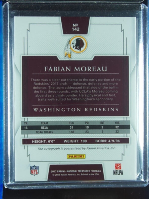 2017 Panini National Treasures Fabian Moreau Gold AU SN49 #142 Redskins - Image 3